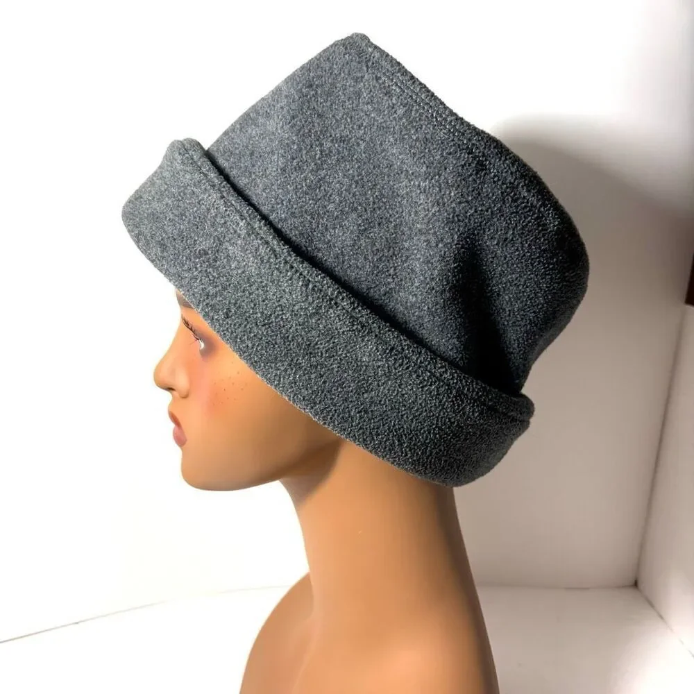 Lands End women’s L/XL gray fleece roll brim soft toque pillbox beanie hat